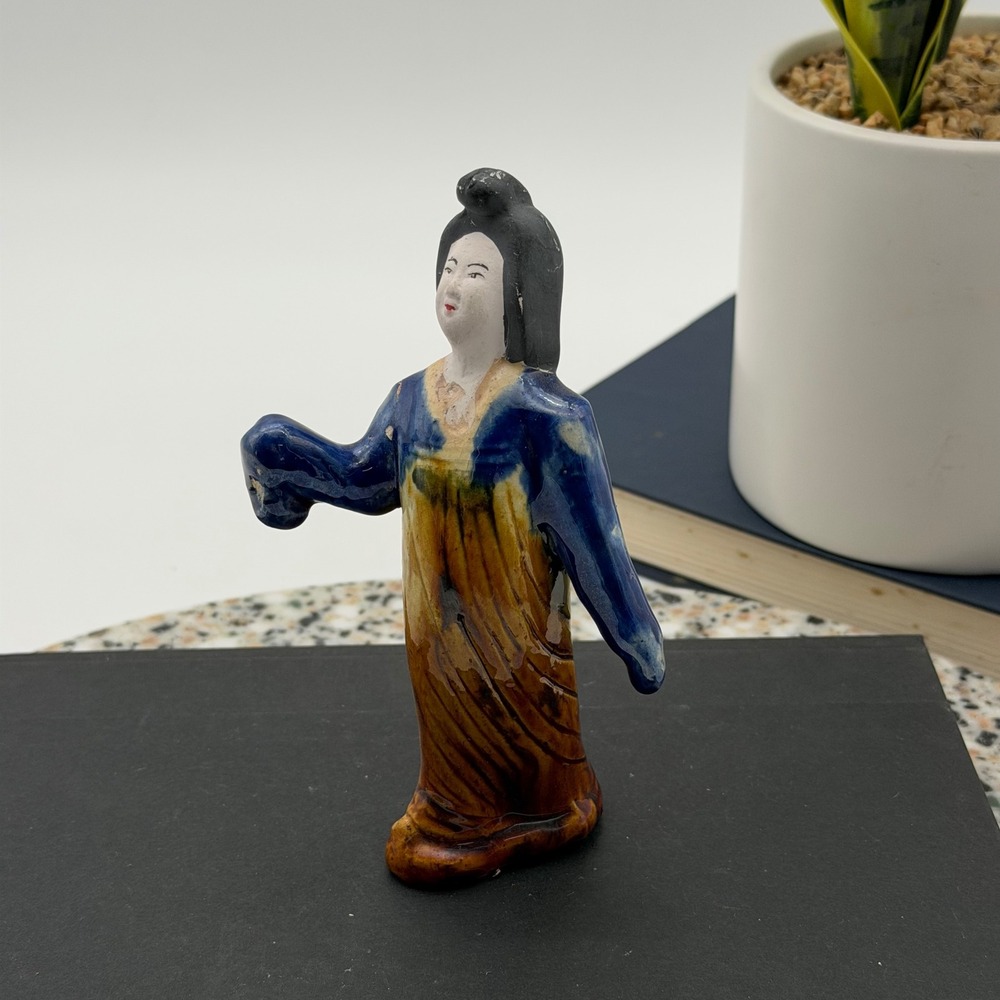 Vintage Tang Style Sancai Glaze Ceramic Lady Figurine Blue Amber 5.75"